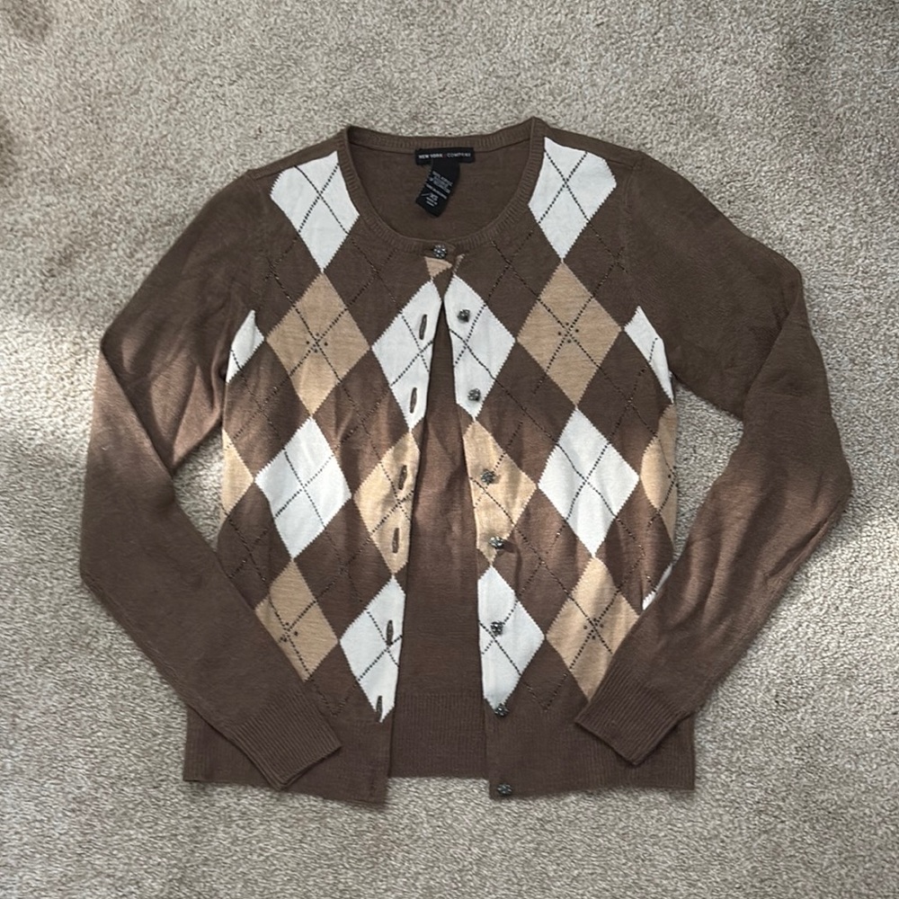 New York & Company Brown Argyle Cardigan